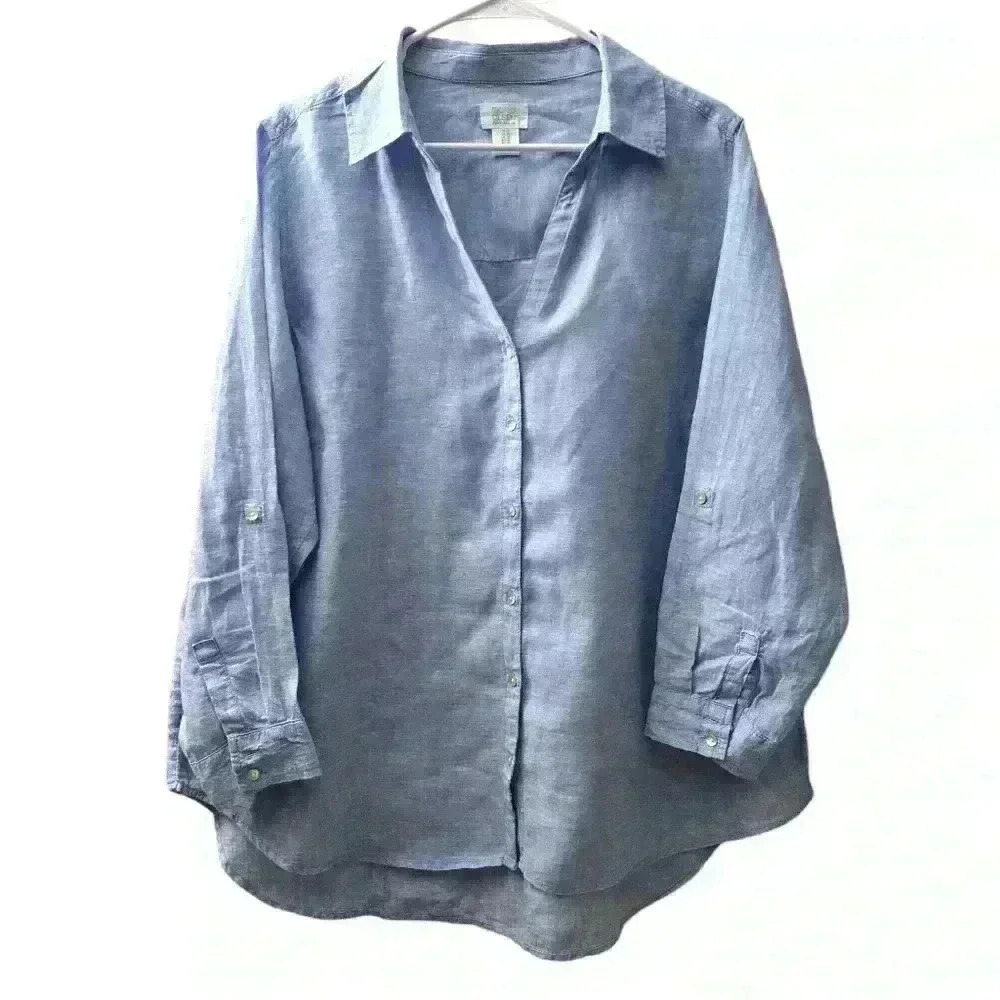Sigrid Olsen Blue 100% Linen Chambray Button Up B… - image 1